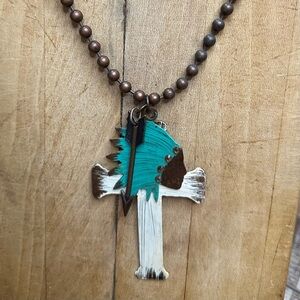 Turquoise and Brown Feather Pendant Necklace - 21” long